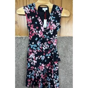 NWT~Elle Women's Size Medium Sleeveless Black‎ Floral Faux Wrap~Stretch